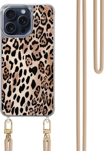 Casimoda® hoesje met beige koord - Geschikt voor iPhone 15 Pro Max - Luipaard print bruin - Afneembaar koord - TPU/polycarbonaat - Bruin/beige