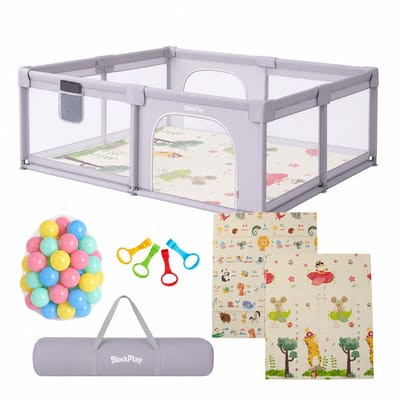 BlockPlay Grondbox Baby 150x180 cm - Grondbox - Baby Park - Speelbox - Kinderbox - Speelmat Baby - Baby Box - Ballenbak met 50 Speelballen - Draagtas - 4 Optrekhendels - Playpen - Kruipdeur - Alfabet