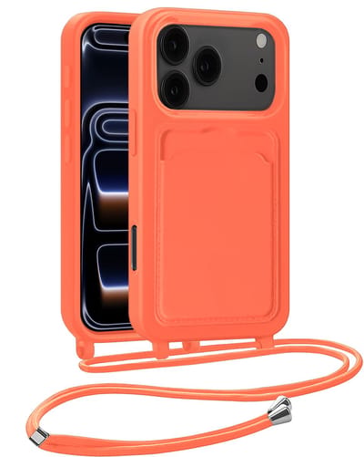 Hoesje Geschikt voor iPhone 17 Pro Max / 18 Pro Max Hoesje Met Telefoonkoord en Pasjeshouder Siliconen - Hoes Geschikt voor iPhone 17 Pro Max / 18 Pro Max Hoesje Met Kaarthouder Case - Papaya