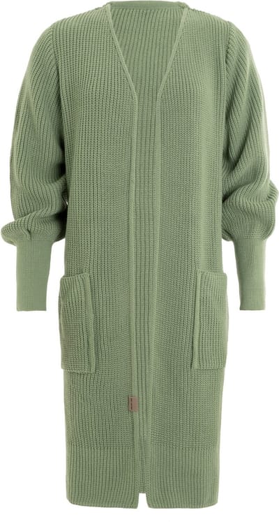 Knit Factory Patty Lang Gebreid Vest Sage Green - Gebreide dames cardigan - Lang vest tot over de knie - Lichtgroen damesvest - Pofmouw - 30% wol en 70% acryl - 36/38