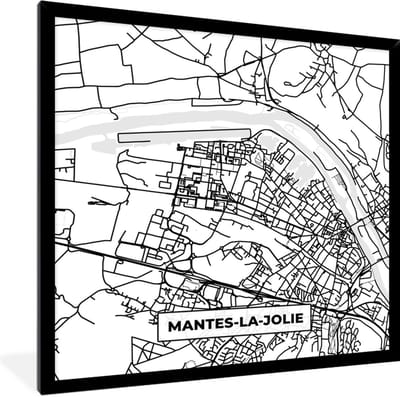 Fotolijst incl. Poster Zwart Wit- Kaart - Plattegrond - Mantes-la-Jolie - Frankrijk - Stadskaart - Zwart wit - 40x40 cm - Posterlijst