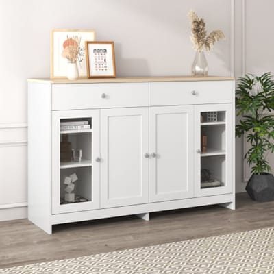 Modern Sideboard 120x37x80 cm – Wit & Houtlook met 4 Deuren, 2 Lades en Glazen Paneel – Opbergkast voor Woonkamer of Eetkamer