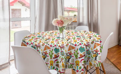 ABAKUHAUS Mexicaans rond tafelkleed, Day of the Dead-cartoons, cirkelvormige tafelkleed voor eetkamerkeukendecoratie, 150 cm, wit meerkleurig