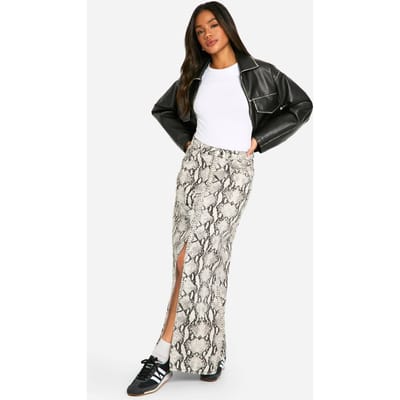 boohoo Dames Snake Print Denim Midaxi Rok | Slangenprint | Maat: 36