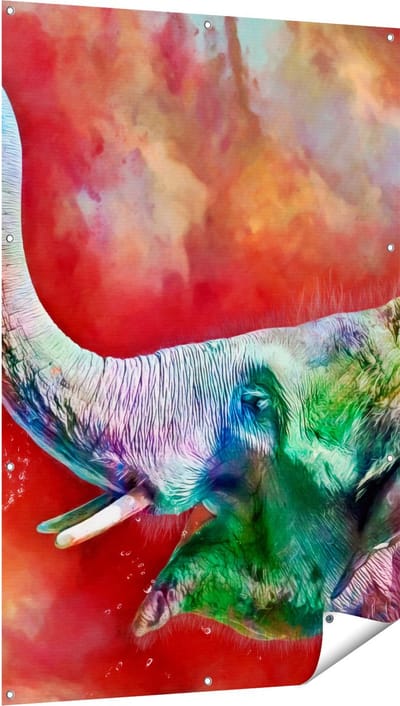 Gards Tuinposter Getekende Vrolijke Olifant - Abstract - 100x150 cm - Tuindoek - Tuindecoratie - Wanddecoratie buiten - Tuinschilderij