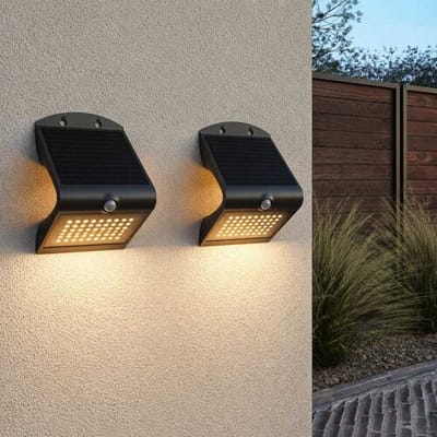 Set van 2 Rhodes Solar Wandlampen Up & Down - met Bewegingssensor - 4W - 3000K Warm wit - 2 lichtstanden - IP65 waterdicht - Wandlamp Schutting - Zwart