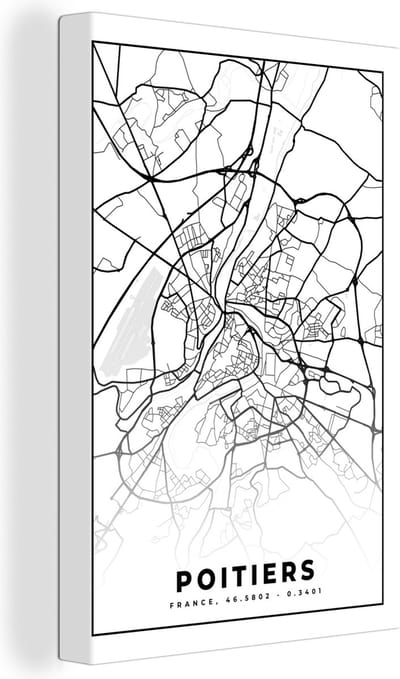 Canvas Schilderij Plattegrond - Kaart - Poitiers - Frankrijk - Stadskaart - Zwart wit - 20x30 cm - Wanddecoratie