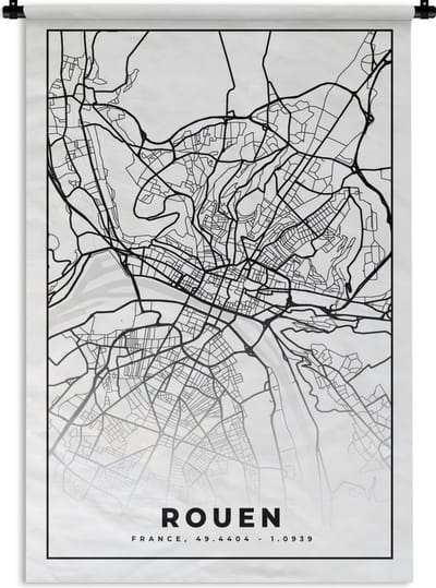 Wandkleed - Wanddoek - Frankrijk - Rouen - Kaart - Plattegrond - Stadskaart - Zwart wit - 120x180 cm - Wandtapijt