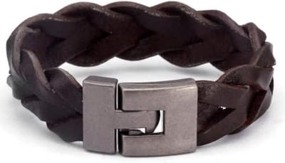 Sorprese armband - Classic - armband heren - bruin - grof gevlochten leer - 19 cm - RVS - cadeau - Model O
