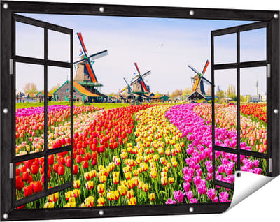 Gards Tuinposter Doorkijk Kleurrijke Tulpen Bloemenveld - Windmolen - 120x80 cm - Tuindoek - Tuindecoratie - Wanddecoratie buiten - Tuinschilderij