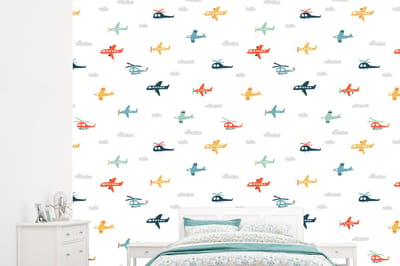Behang - Fotobehang Patronen - Helicopter - Vliegtuig - Jongens - Kinderen - Kids - Breedte 245 cm x hoogte 220 cm
