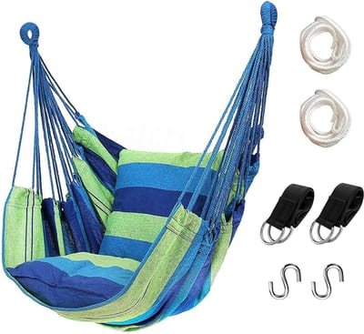 Hangstoel met Touwen - Hangmat - Max 136 kg -Inclusief twee sierkussens - Ideaal voor Buiten, Thuis, Tuin of Terras - Blauw