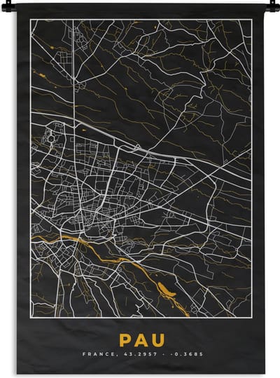 Wandkleed - Wanddoek - Stadskaart - Plattegrond - Frankrijk - Kaart - Pau - 120x180 cm - Wandtapijt