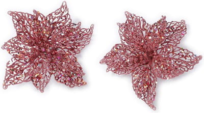 2x stuks decoratie kerstster bloemen roze glitter op clip 18 cm - Decoratiebloemen/kerstboomversiering/kerstversiering