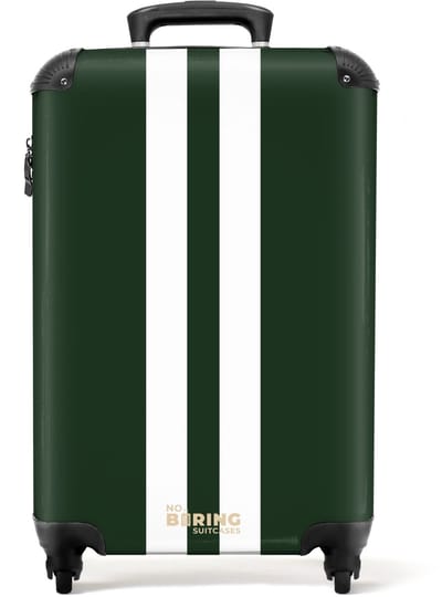 NoBoringSuitcases.com® - Handbagage koffer lichtgewicht - Reiskoffer trolley - Groen met dubbele witte verticale strepen - Reis rolkoffer met wieltjes - Cabin koffertje klein - Carryon valies - Harde bagagekoffer - Past binnen 55x40x20 en 55x35x25