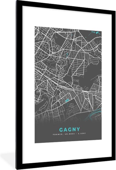 Fotolijst incl. Poster - Plattegrond - Kaart - Frankrijk - Gagny - Stadskaart - 80x120 cm - Posterlijst