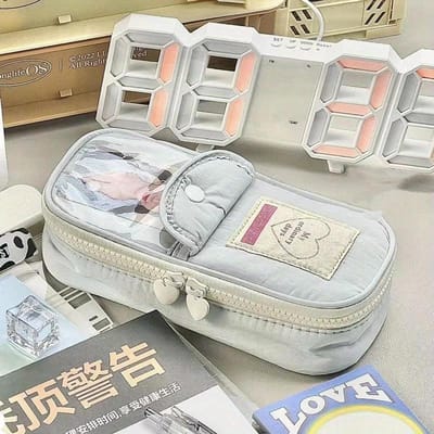 Schattige Japanse Ins Kleine Verse Eenvoudige Etui Kunst Retro Grote Capaciteit Meisjes Pennen Etui met Transparant Kaartvak Hartvormige Rits lichtblauwe kleur