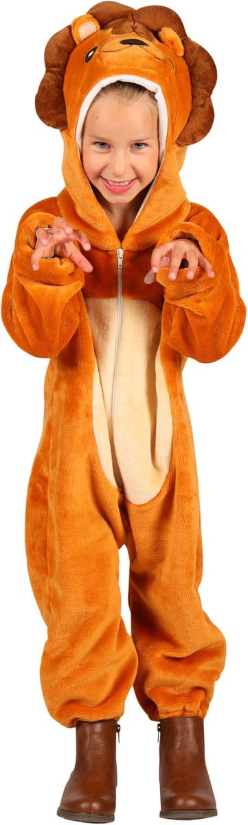 Dieren Kostuum Leeuw Kinderen - Pluche - Dieren Onesie - Carnaval - Verkleedkleren Kinderen - Oranje/Bruin - Maat 164