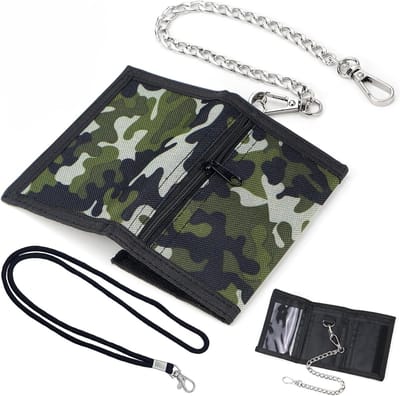 Slimme Kinderen Portemonnee met Ketting en Rits | Drievoudige Camouflage Groene Geldzak voor Jongens