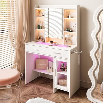 kaptafel, kaptafel met verstelbare LED-verlichting, spiegel, kaptafel met 2 lades en 3-laags planken, opbergkast met 1 deur, witte kaptafel 89,8x40x145cm, slaapkamermeubilair
