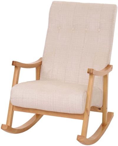 Schommelstoel MCW-K10, relaxfauteuil, hout MVG stof/textiel chenille (465 g/m²) ~ crème, frame naturel