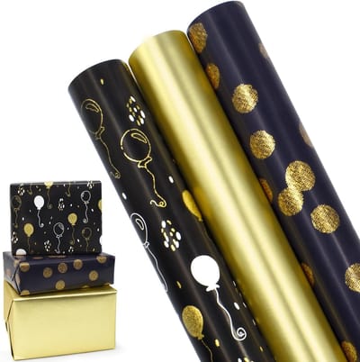 3 Rollen Metallic & Briljant Cadeaupapier 42,9 cm x 3 m - Verjaardags- en Feestinpakpapier voor Alle Gelegenheden