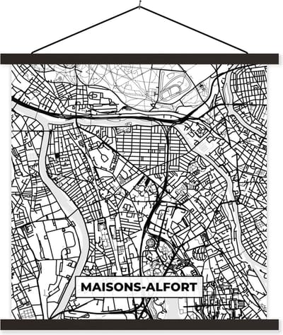 Posterhanger incl. Poster 60x60 cm - Schoolplaat - Stadskaart - Frankrijk - Maisons-Alfort - Kaart - Plattegrond - Zwart wit - Textielposter - Zwarte latten - Stadskaart