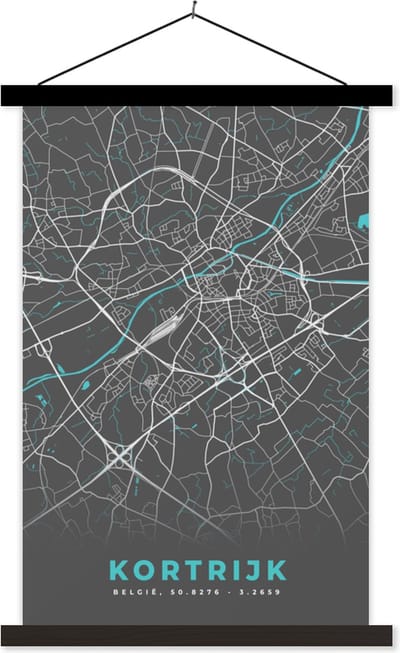 Posterhanger incl. Poster 40x60 cm - Schoolplaat - Plattegrond – Kortrijk – Blauw – Stadskaart - Kaart - Textielposter - Zwarte latten - Stadskaart