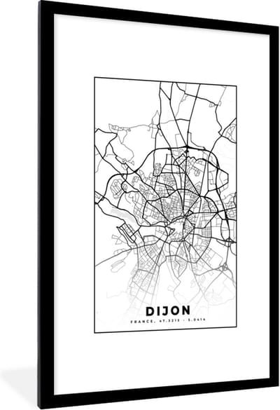 Fotolijst incl. Poster Zwart Wit- Frankrijk - Dijon - Plattegrond - Stadskaart - Kaart - Zwart wit - 80x120 cm - Posterlijst