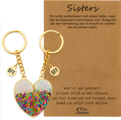 BFF Sleutelhanger voor 2 'Sisters' - Magnetisch Glitter Hartje - Sleutelhangers op Cadeau Kaartje - Goudkleurig - Vriendschap Symbool - Pax Amare