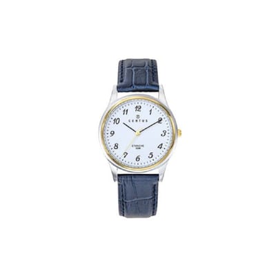 Certus-model 611238-horloge-heren-zilverkleurig-goudkleurig-bicolor-donkerblauwe lederen band-duidelijke wijzerplaat-diameter 34 mm-5 atm waterdicht-gemaakt in Frankrijk