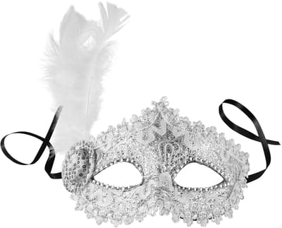 dressforfun - Venetiaans masker met zijdelingse veer zilver - verkleedkleding kostuum halloween verkleden feestkleding carnavalskleding carnaval feestkledij partykleding - 303548