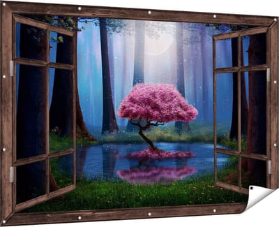 Gards Tuinposter Doorkijk Roze Boom op een Vijver in de Nacht - 180x120 cm - Tuindoek - Tuindecoratie - Wanddecoratie buiten - Tuinschilderij
