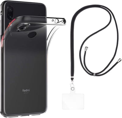 Set met hoesje en nekband voor xiaomi redmi note 7 - Flexibele, transparante TPU-bescherming, verstelbare universele nekband voor mobiele telefoons, zwarte nekband, transparante draagriem van Phonillico®