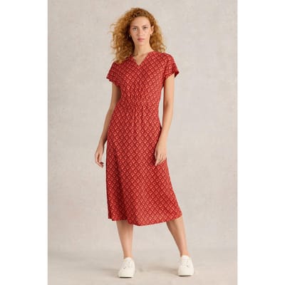 White Stuff Ellie Linen Jersey Dress Red Multi Maat: 24 REGULAR | Midi Jurken Outlet | Dames | Wit