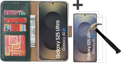 Hoesje met 3 Stuks Screenprotectors Geschikt voor Samsung Galaxy S25 Ultra – Arara bookcase met pasjeshouder - Groen