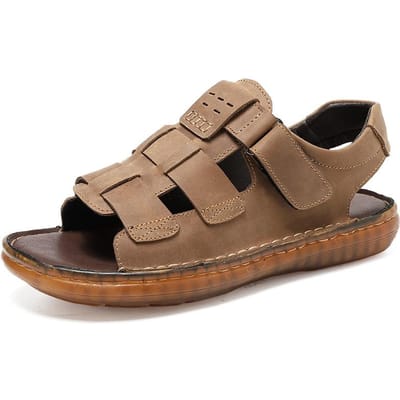 Sandales d'été en cuir de vache à bout fermé pour hommes, chaussures de plage décontractées en cuir creux à la mode pour hommes, chaussures de conduite en cuir souple antidérapantes 46 marron
