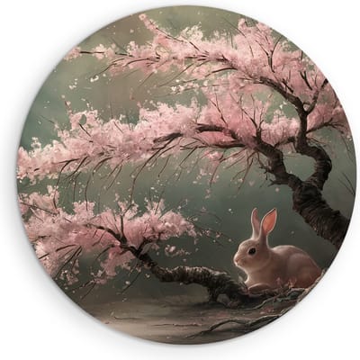 Saammp Muurcirkel Hout - Haas bij roze boom - Landschap - Natuur - Ø 90 - Wandcirkel - Wanddecoratie Cirkel - Muurdecoratie Woonkamer - Slaapkamer decoratie - Rond Schilderij