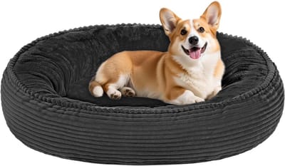 Famanu – Hondenbed voor middelgrote honden, kattenbed, wasbaar, knuffelig hondenkussen, ronde corduroy hondenmand, donut, hondenbank, afneembaar en wasmachinebestendig