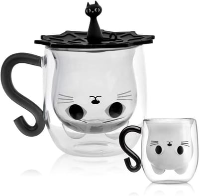 longziming -Dubbelwandige Katten Mok - Katten Theekopje - Glazen Beker - Warmte Isolatie - Kondensvrij Design - Borosilicaatglas - Kristalhelder En Geurloos - Veilige Ergonomische Greep - 1 Stuk