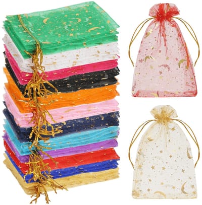 SnelShoppen - Pack van 120 Organza Tassen 15x10 cm - Kleine Luxe Zakjes met Trekkoord - Cadeauzakjes voor Sieraden, Feest, Bruiloft, Kerst - Sterren e