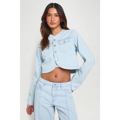 boohoo Dames Denim Jasje Met Gebogen Zoom | Bleach Wash | Maat: 12