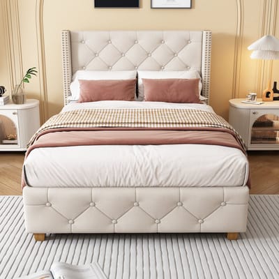 STILVORA Gestoffeerd bed 90x200 cm – Met knopdetail en nieten – 12-lattenbodem & verstevigde poten – Zachte linnen bekleding – Beige – Zonder matras