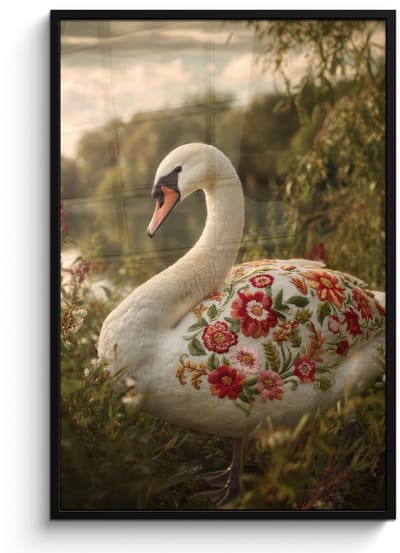 Poster in lijst - Fotolijst 80x120 cm - Posters - Zwaan - Bloemen - Natuur - Posterlijst zwart - Decoratie - Wanddecoratie woonkamer - Muurdecoratie slaapkamer