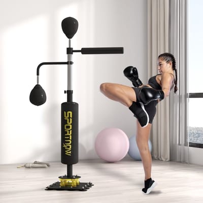 MEUNIQ Boksmachine boxstand met 2 speedballs, draaibare boxstang, kickpad en verstelbare hoogte 140-205 cm, stalen trainingsstandaard voor reactietraining, zwart