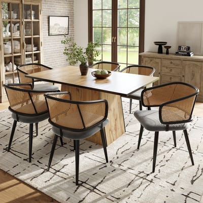 HAUSS SPOLE Eetkamerstoel - Velvet Zitting Met Rotan Rugleuning - Ergonomisch En Ademend - Voor Eetkamer En Woonkamer - Grijs