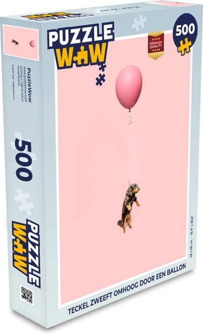 Puzzel Teckel zweeft omhoog door een ballon - Legpuzzel - Puzzel 500 stukjes