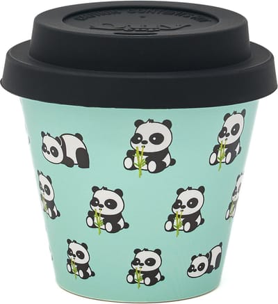 Quy Cup - 90ml Ecologische Reis Beker - Espressobeker “Il Panda” met Zwarte Siliconen deksel