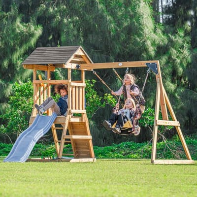 AXI Mia Speeltoestel met Dubbele Schommel Bruin – Pastel Blauwe Glijbaan – Zandbak en Klimwand – Telescoop - FSC hout - Speelhuis op palen voor de tuin