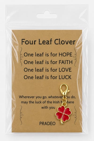 Pradeo - Klavertje Vier Sleutelhanger - Hangertje - Klavertje 4 - Four Leaf Clover - Key Chain - Pocket Hug - Geluk - Klein Geschenk - Bedankt Cadeautje / Kaartje - Familie, Vrienden, Collega of Meester & Juf - Met Kaartje Met Tekst - Rood